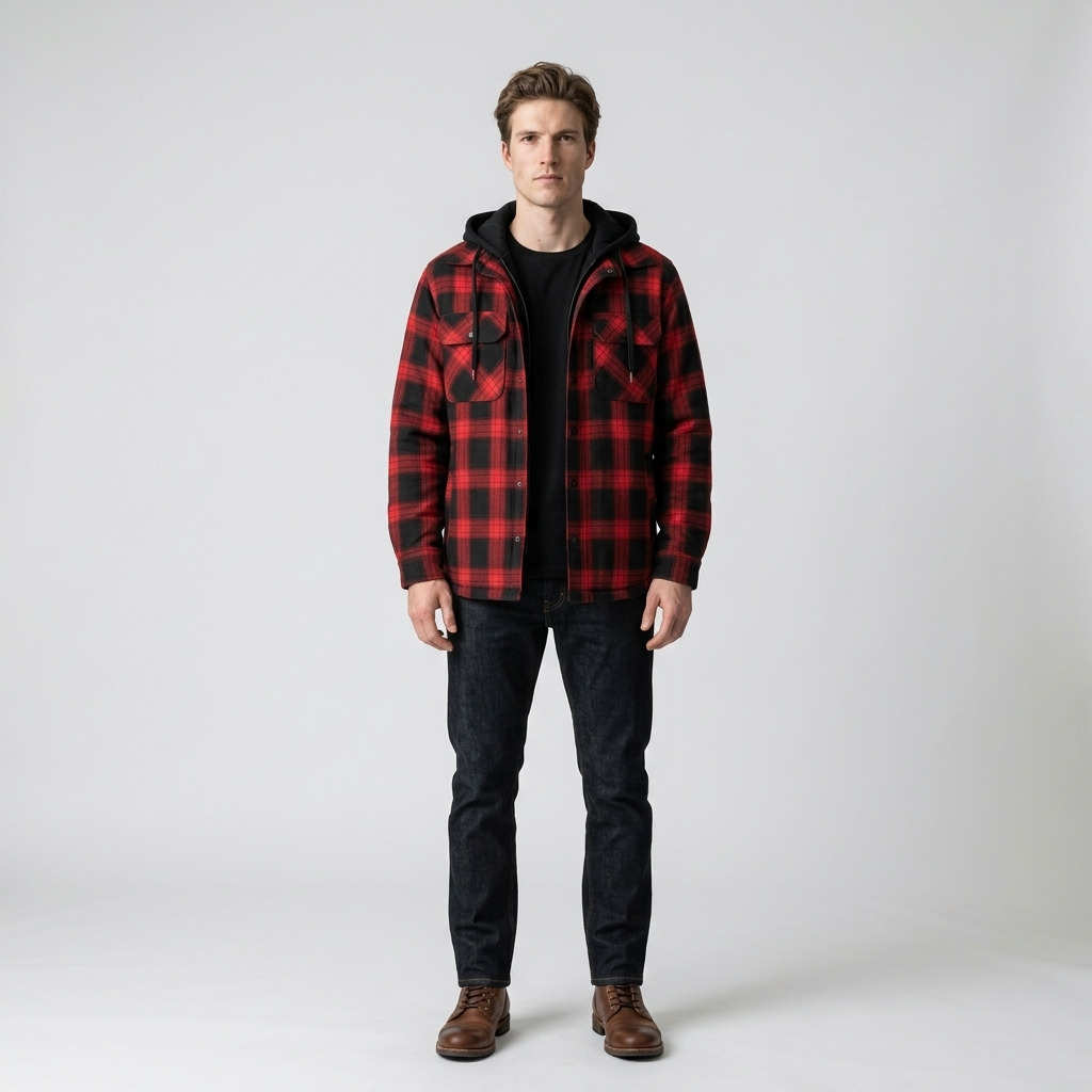 Man wearing a red and black buffalo check hooded shirt jacket with dark jeans, front view