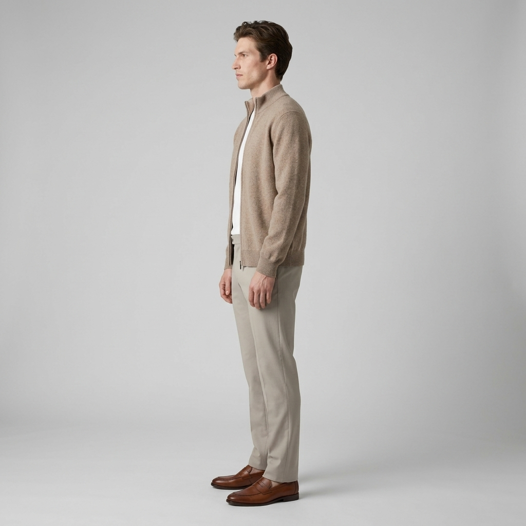 Man wearing an oatmeal wool knit zip jacket, side view
