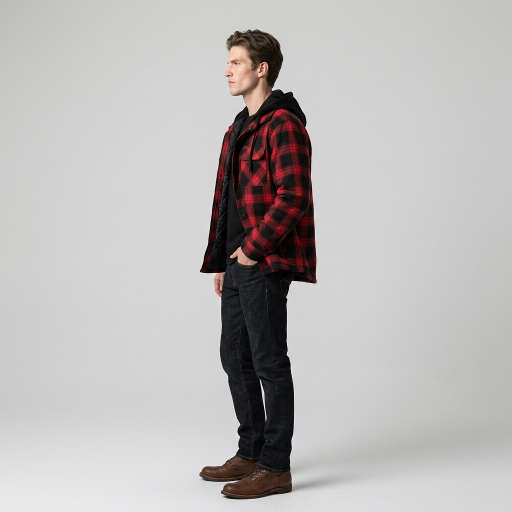 Man wearing a red and black buffalo check hooded shirt jacket, side view
