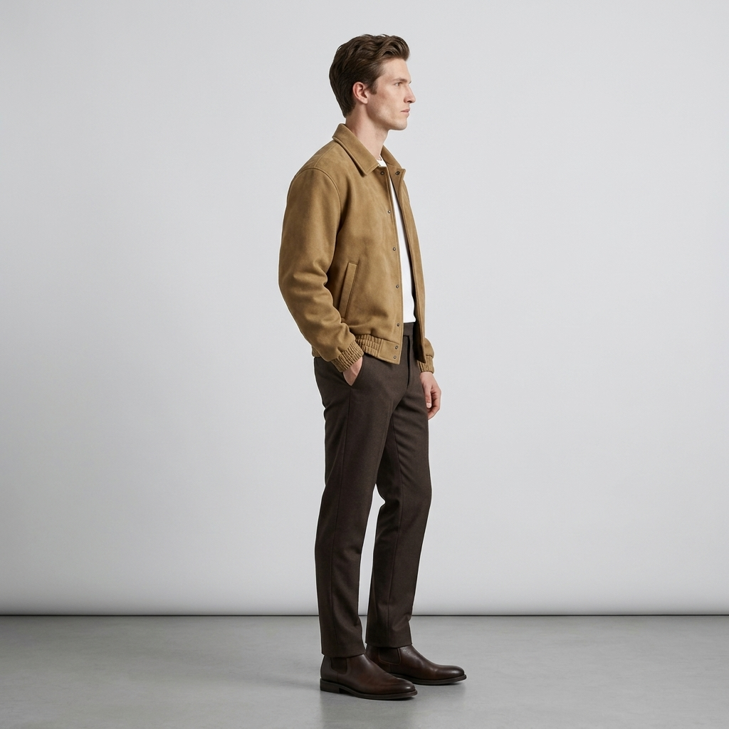Man wearing a tan suede blouson jacket, side view