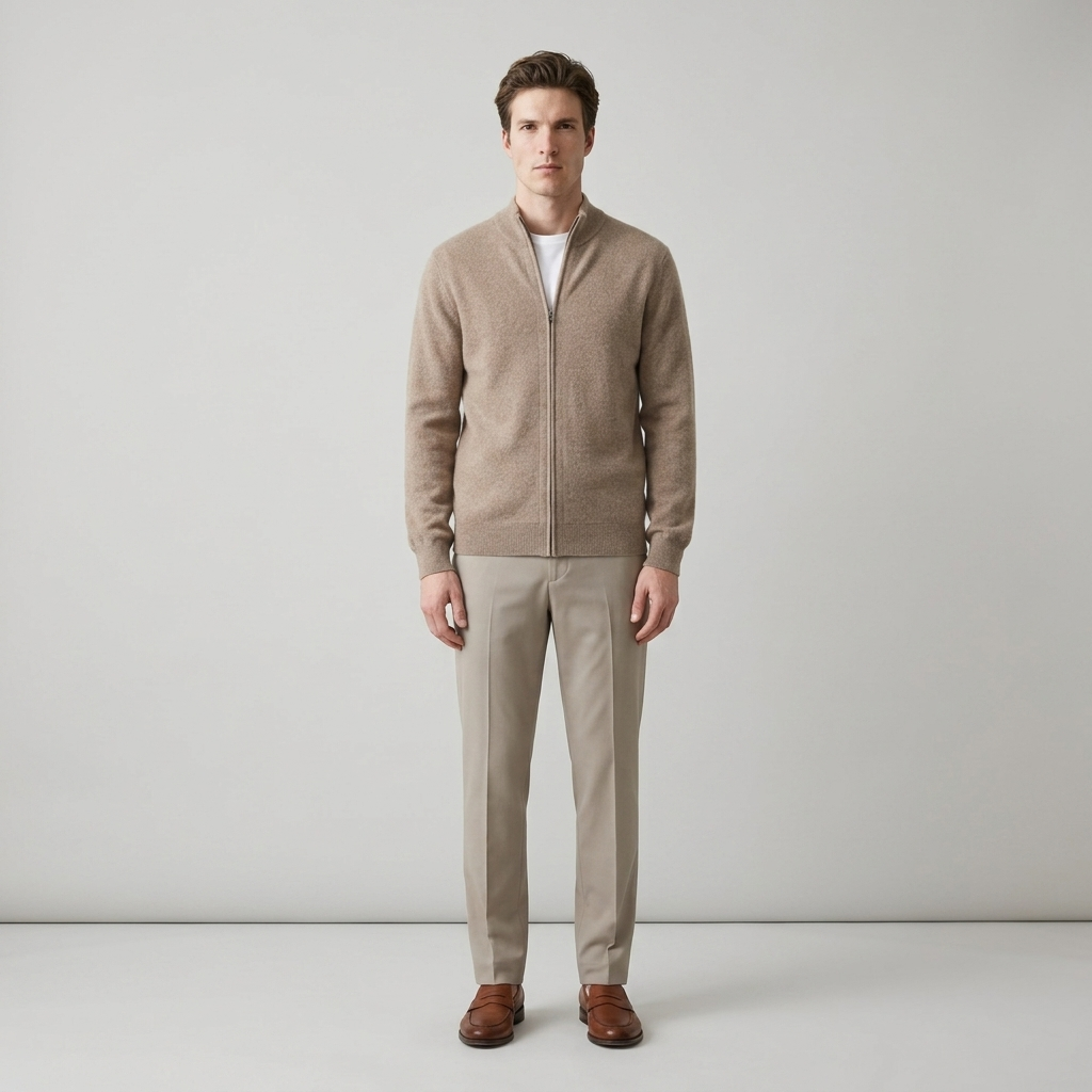 Man wearing an oatmeal wool knit zip jacket with stone trousers, front view