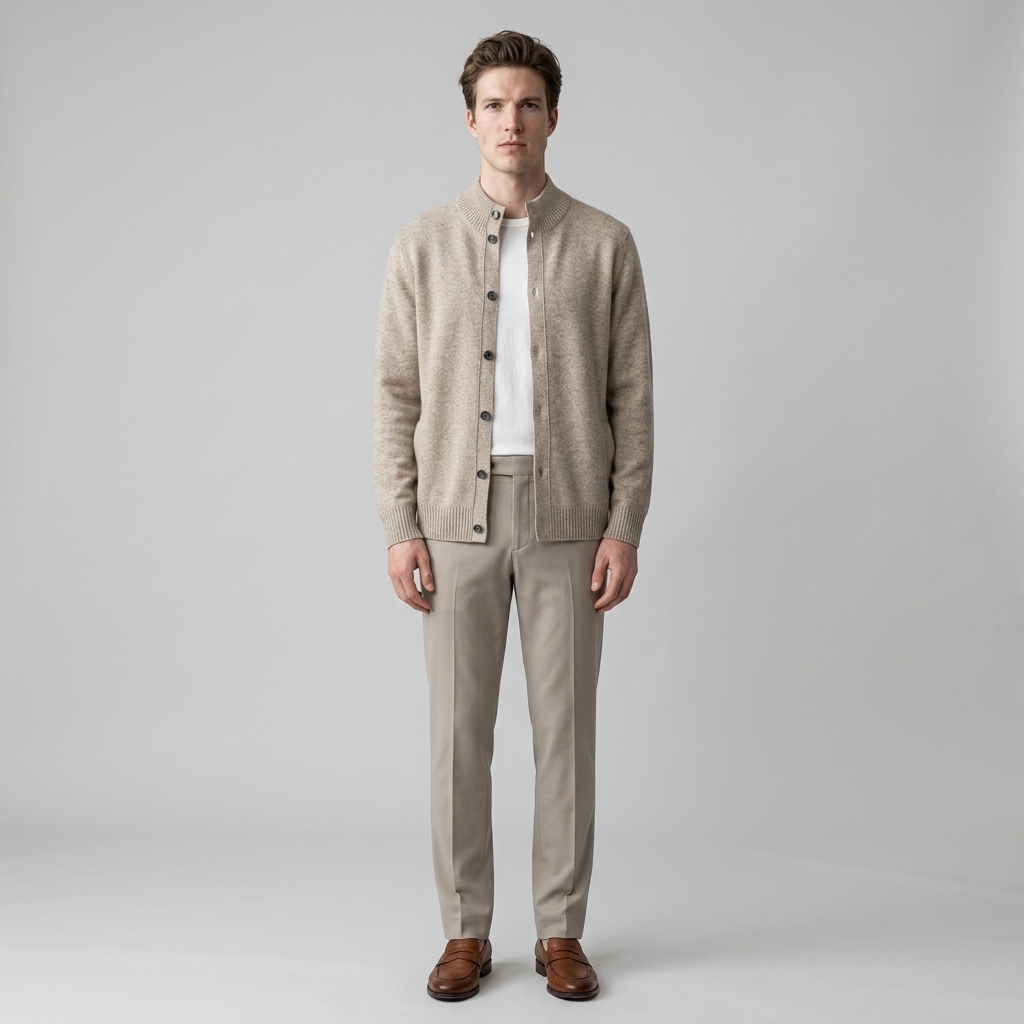 Man wearing an oatmeal flecked wool knit cardigan jacket, front view