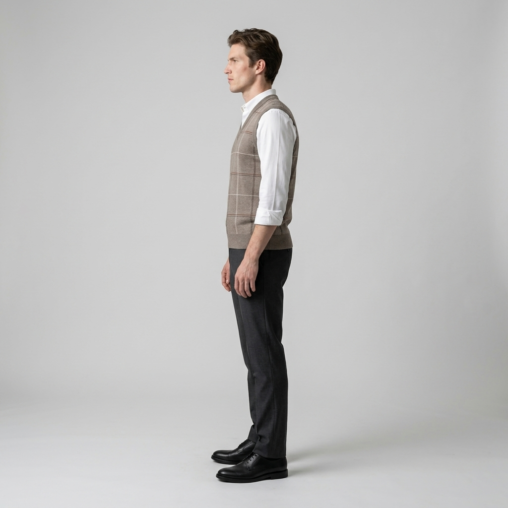 Man wearing a taupe windowpane check sleeveless knit vest, side view