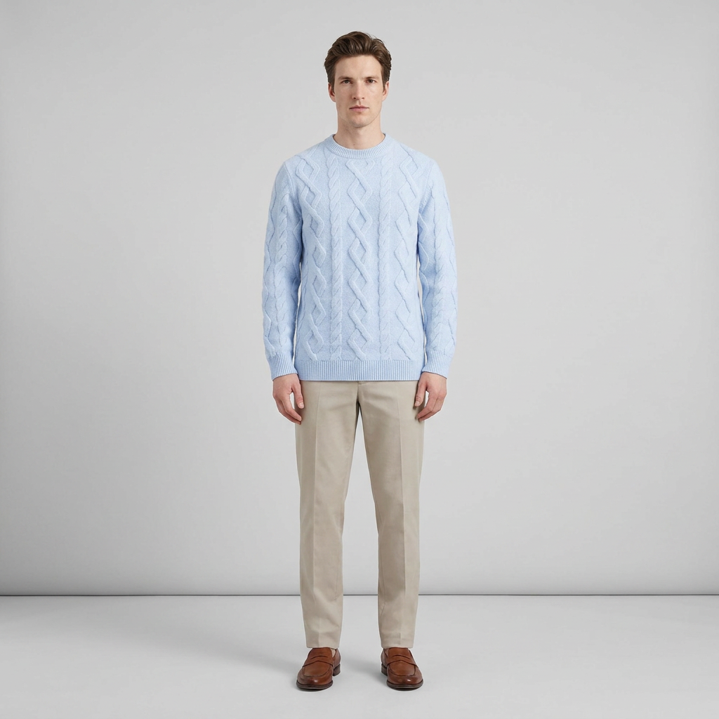 Man wearing a pale blue cable knit crew neck jumper with stone trousers, front view