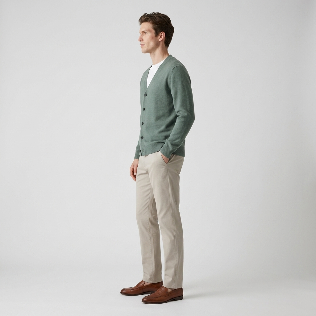 Man wearing a sage green fine knit V-neck cardigan, side view