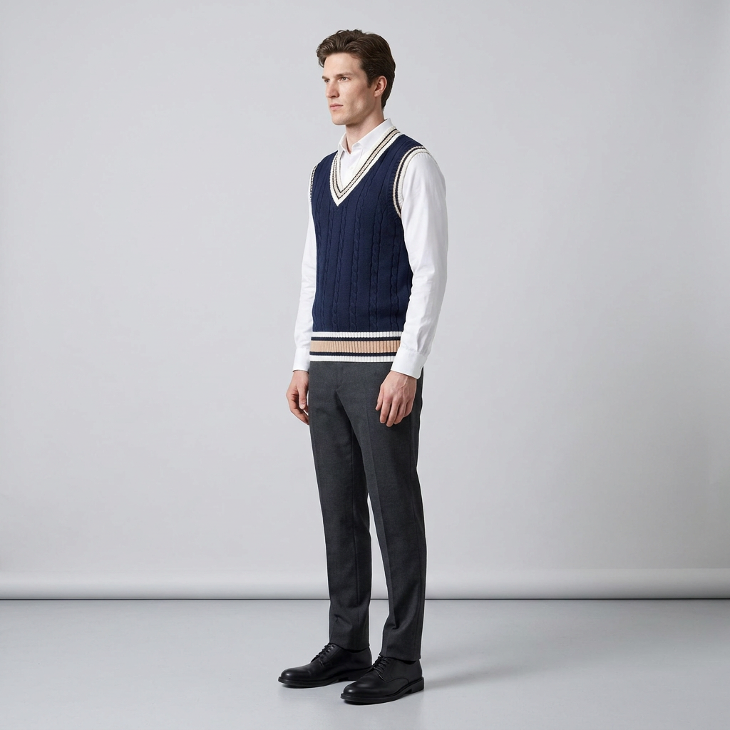 Man wearing a navy cable knit sleeveless cricket vest over a white shirt, side view