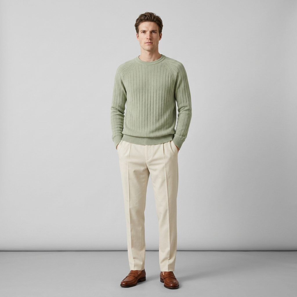 Man wearing a sage green ribbed knit crew neck jumper with cream trousers, front view