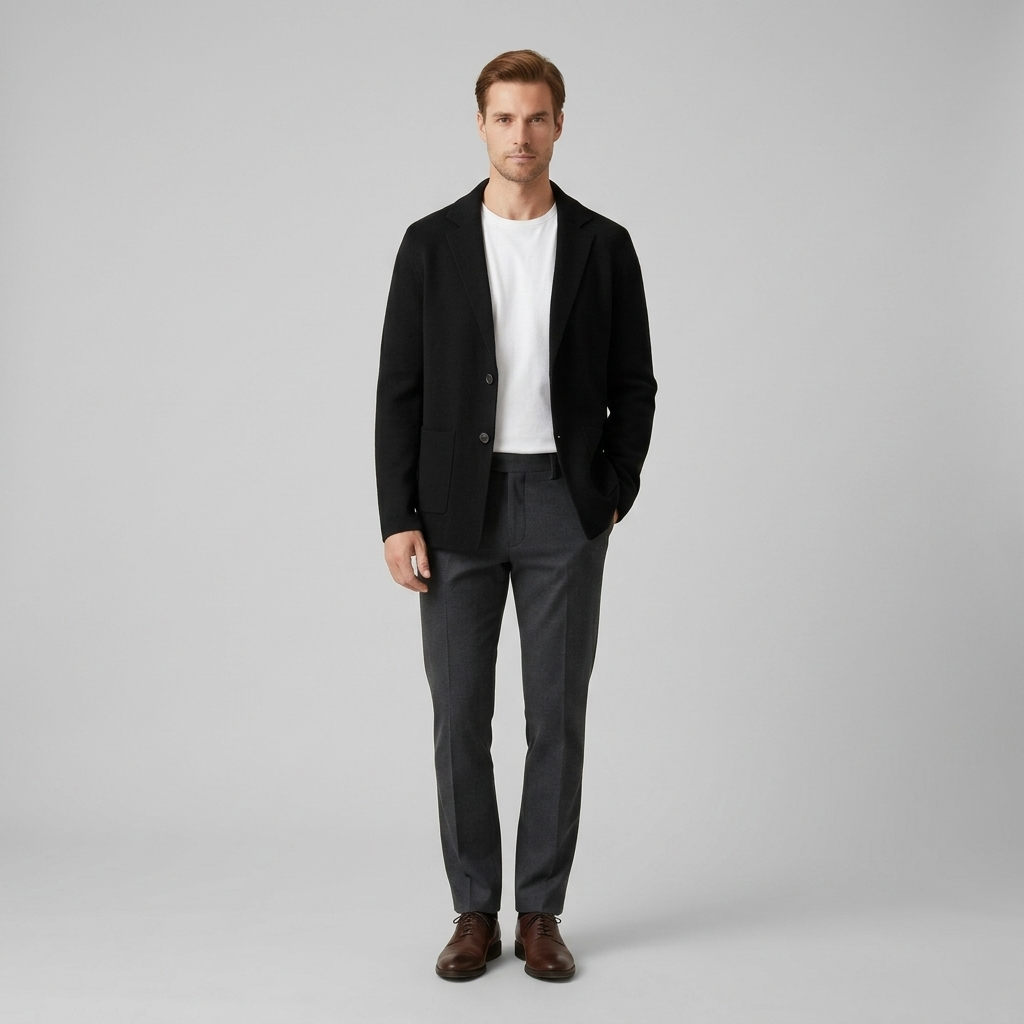 Man wearing a black knitted blazer cardigan over a white tee, front view