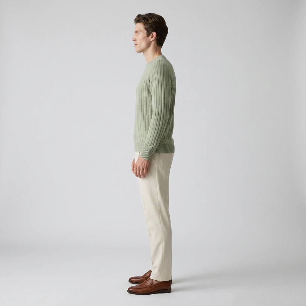 Man wearing a sage green ribbed knit crew neck jumper, side view