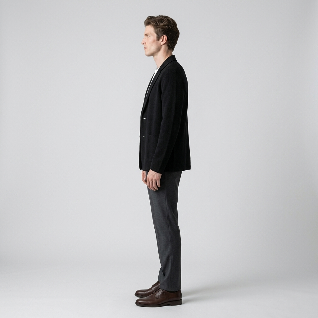 Man wearing a black knitted blazer cardigan, side view