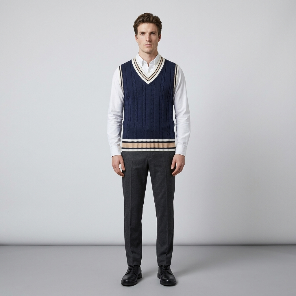 Man wearing a navy cable knit sleeveless cricket vest over a white shirt, front view