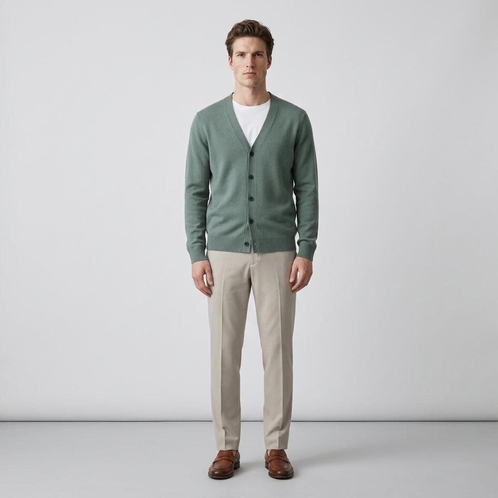 Man wearing a sage green fine knit V-neck cardigan with stone trousers, front view