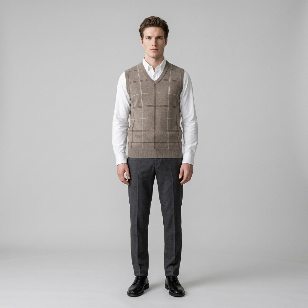 Man wearing a taupe windowpane check sleeveless knit vest over a white shirt, front view