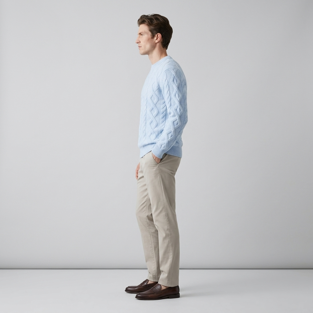 Man wearing a pale blue cable knit crew neck jumper, side view