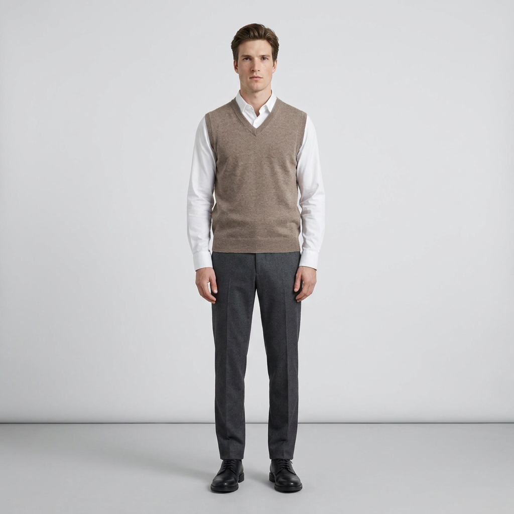 Man wearing a taupe sleeveless merino knit vest over a white shirt, front view
