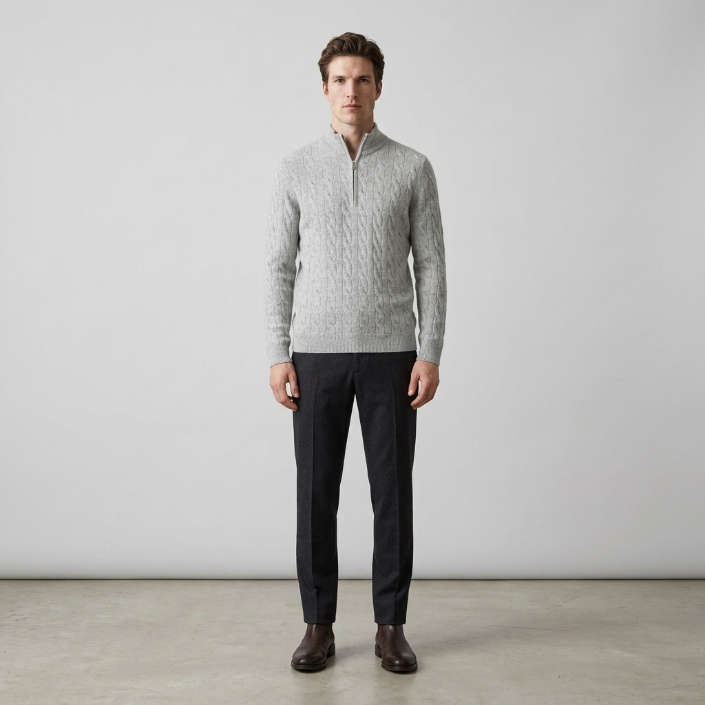 Man wearing a light grey cable knit quarter zip jumper, front view