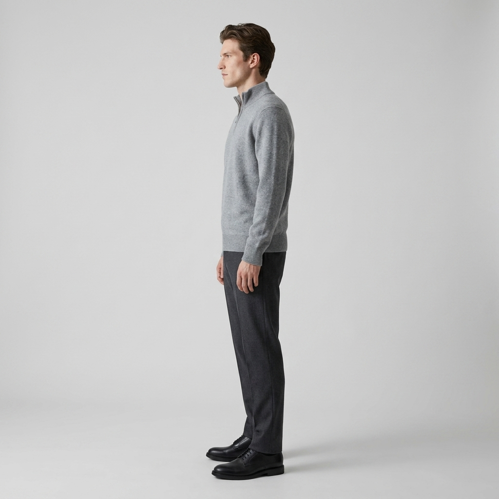 Man wearing a grey quarter zip knit jumper, side view