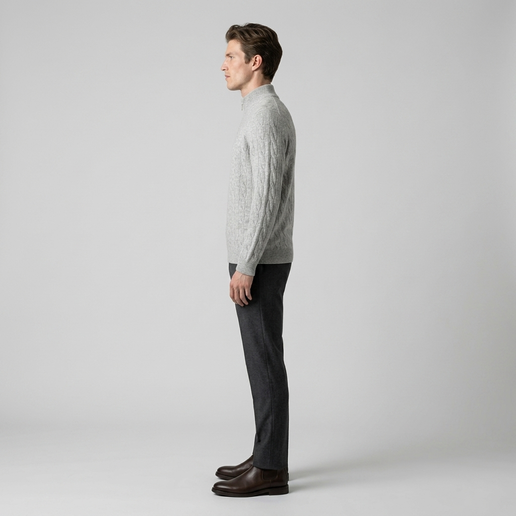 Man wearing a light grey cable knit quarter zip jumper, side view