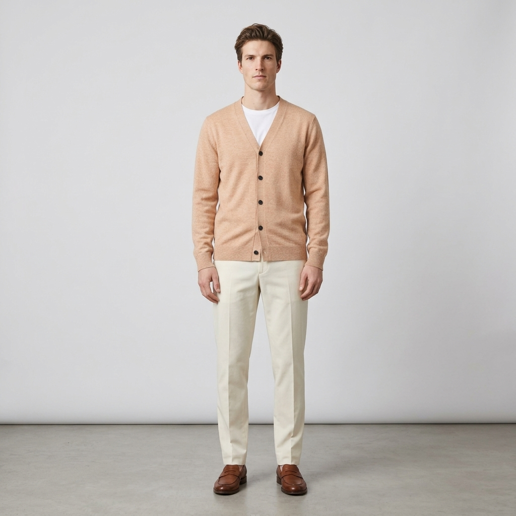 Man wearing an apricot fine knit V-neck cardigan with cream trousers, front view