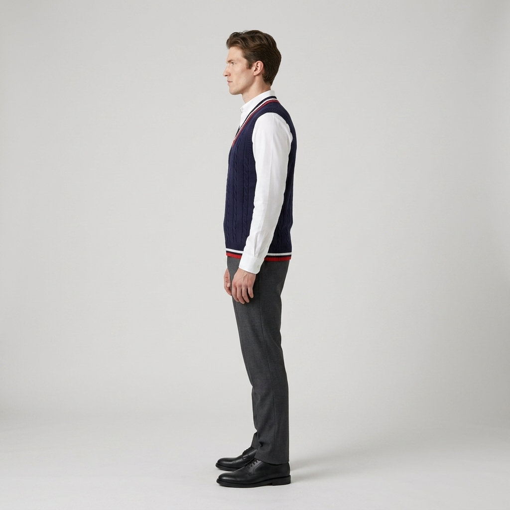Man wearing a navy cable knit cricket vest over a white shirt, side view