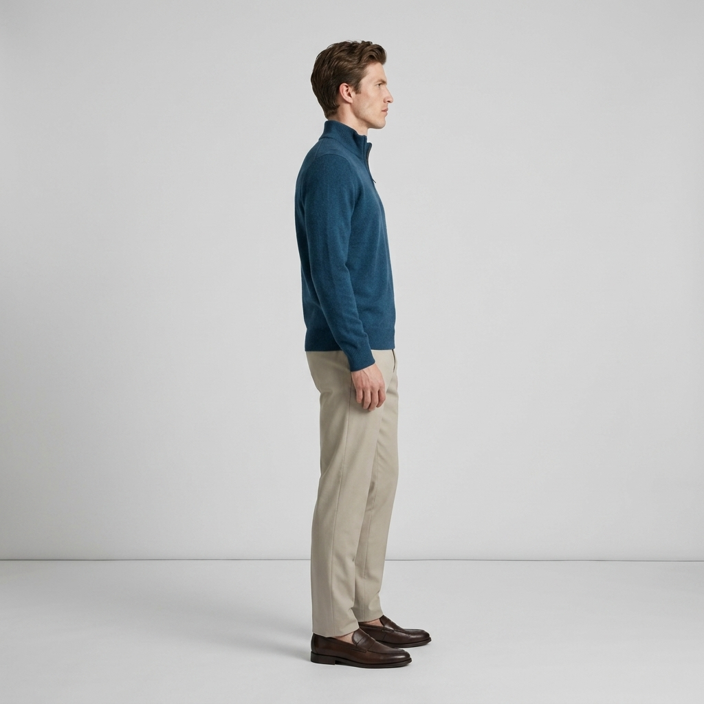 Man wearing a teal blue merino quarter zip jumper, side view