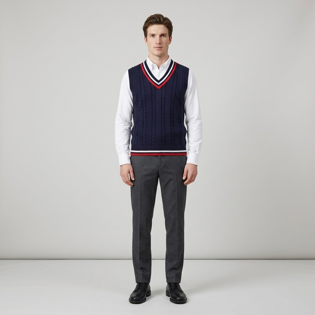 Man wearing a navy cable knit cricket vest over a white shirt, front view