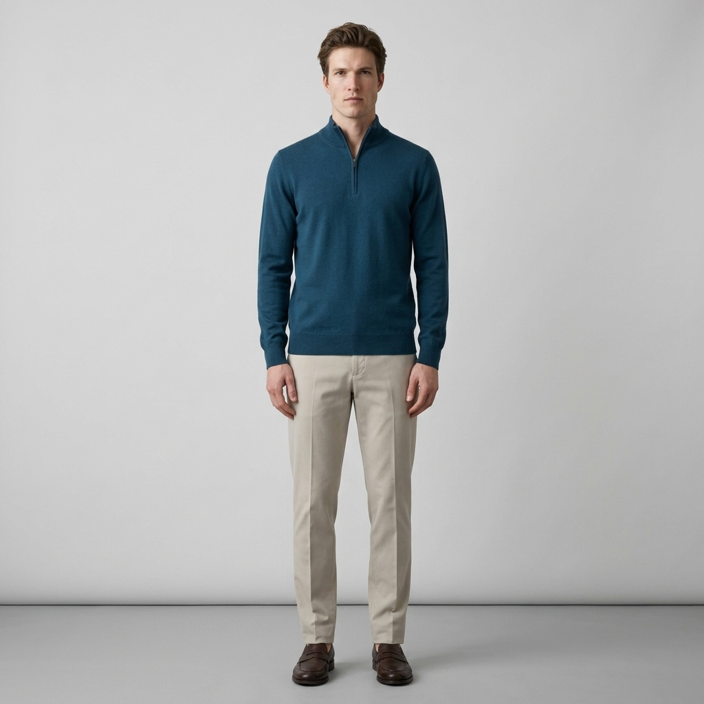 Man wearing a teal blue merino quarter zip jumper with stone trousers, front view