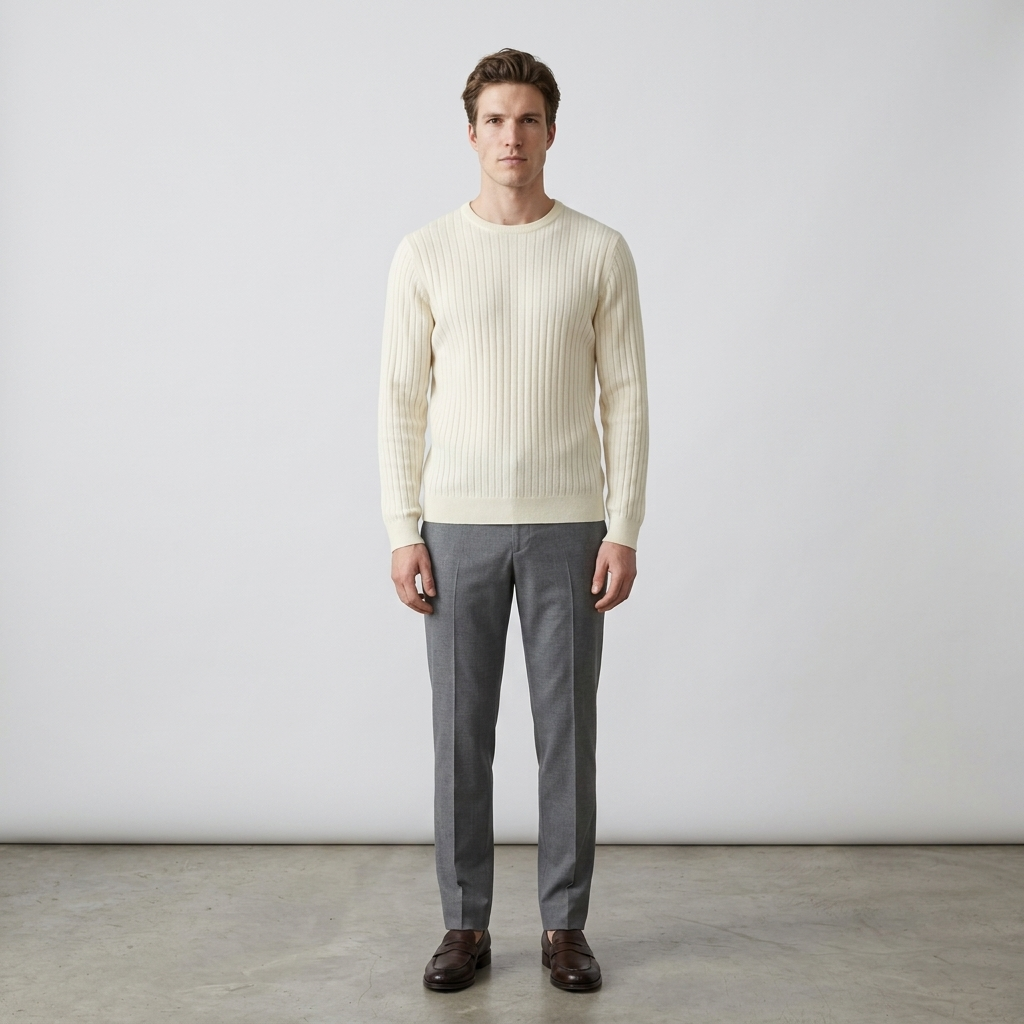 Man wearing a cream ribbed knit crew neck jumper with grey trousers, front view