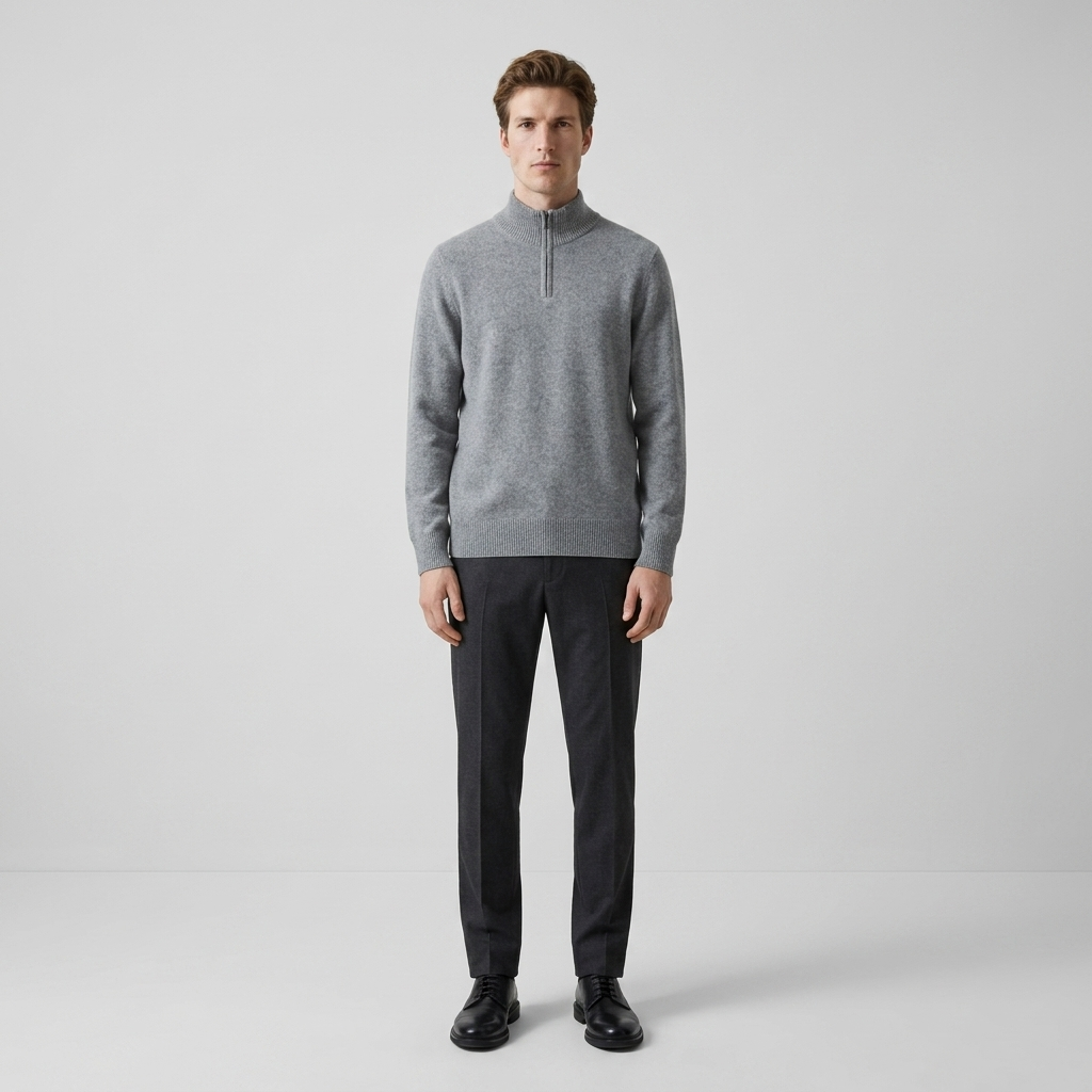 Man wearing a grey quarter zip knit jumper with charcoal trousers, front view
