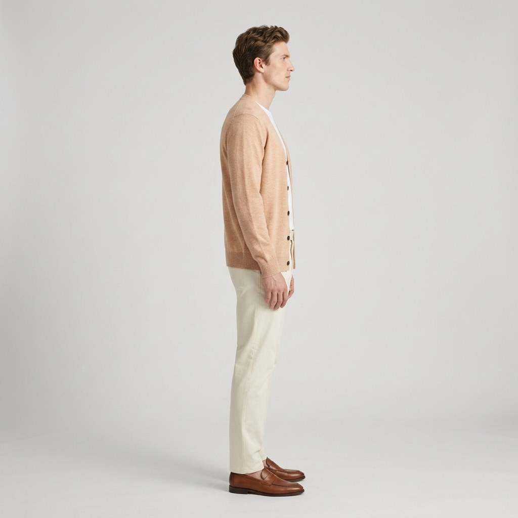 Man wearing an apricot fine knit V-neck cardigan, side view