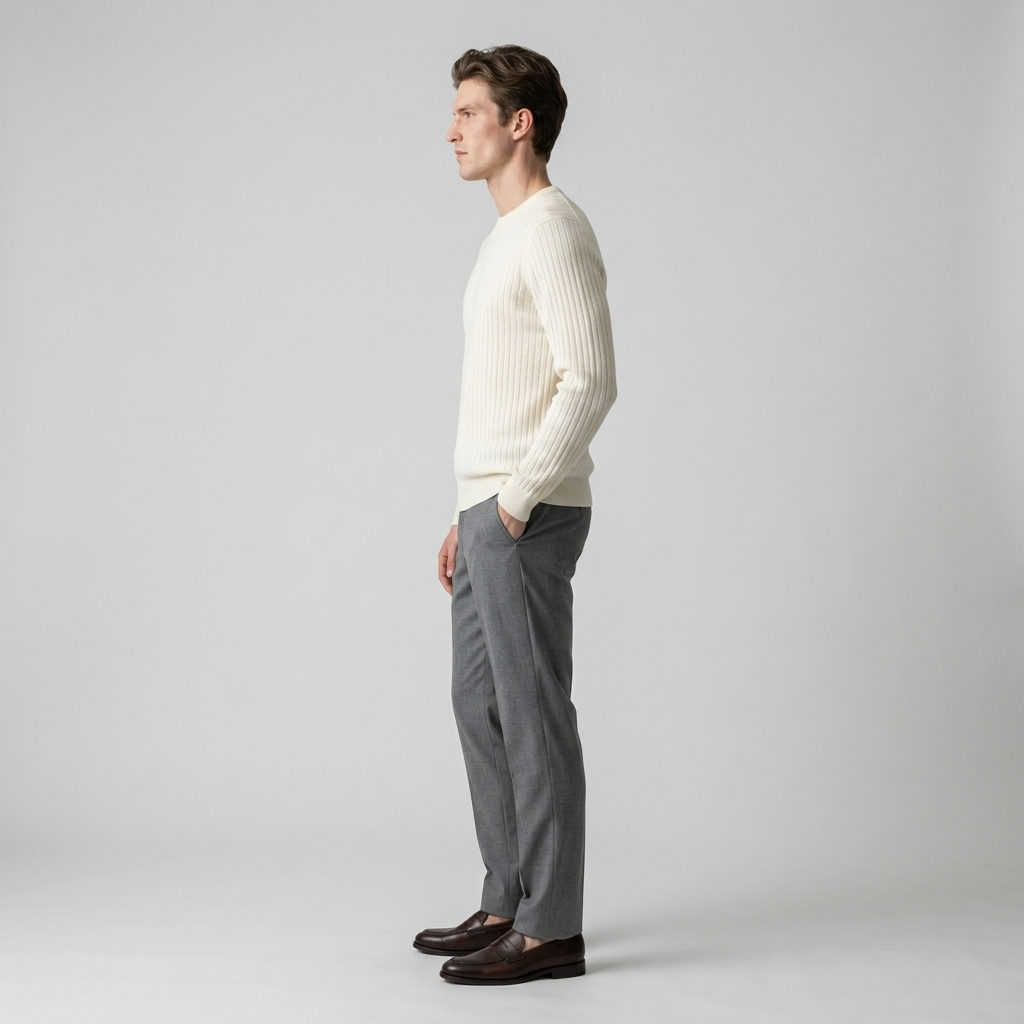 Man wearing a cream ribbed knit crew neck jumper, side view