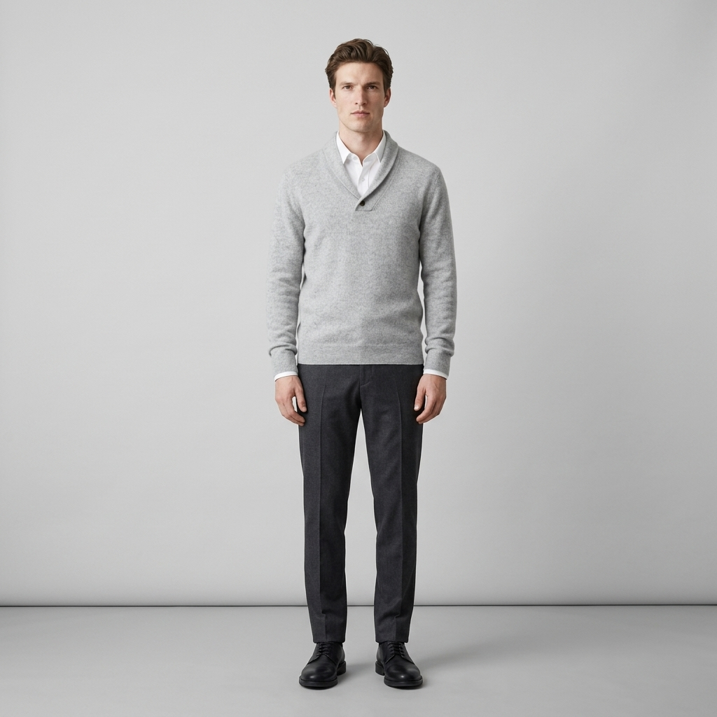 Man wearing a light grey shawl collar cashmere jumper over a white shirt, front view
