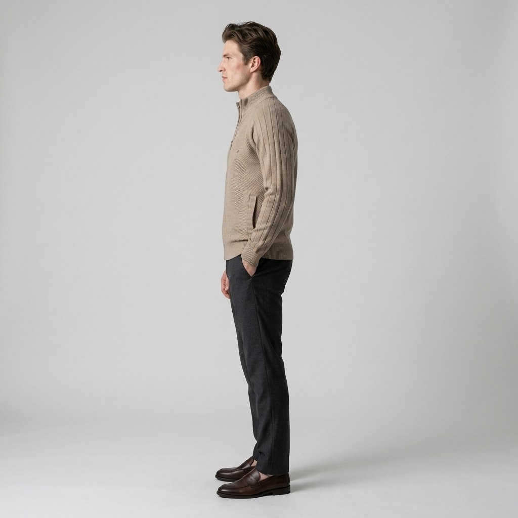 Man wearing a taupe knit zip up cardigan, side view