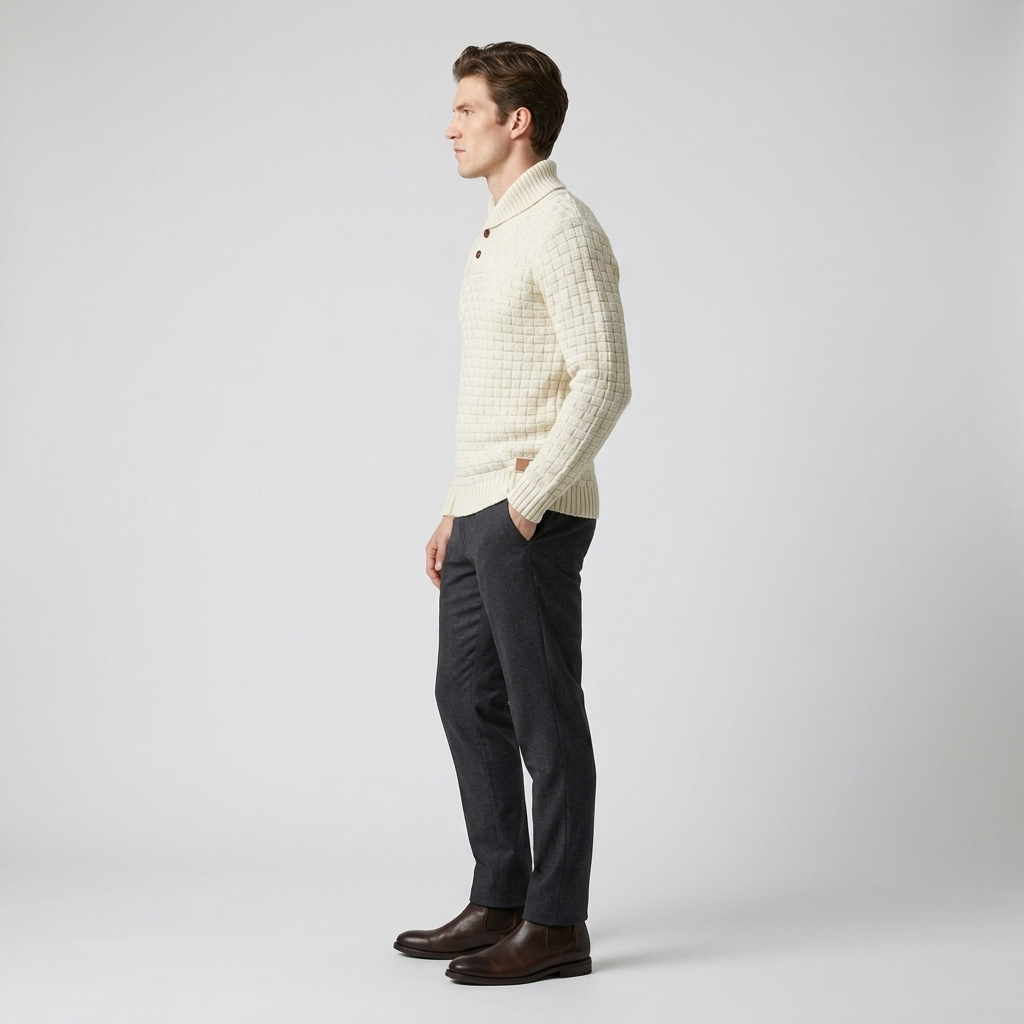 Man wearing a cream textured knit jumper with a buttoned shawl collar, side view