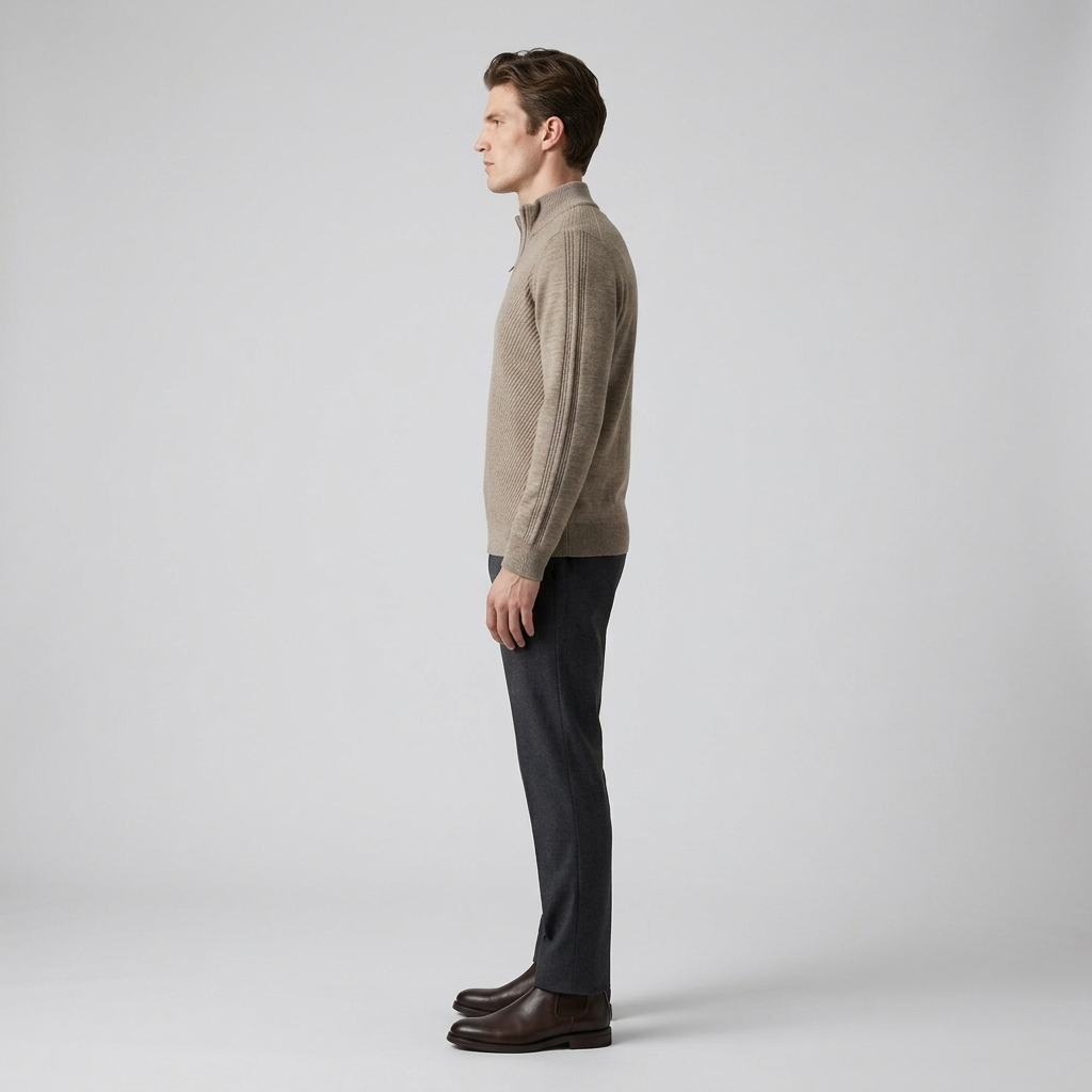 Man wearing a taupe ribbed quarter zip jumper, side view