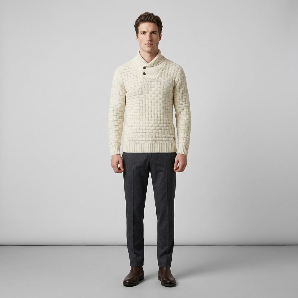 Man wearing a cream textured knit jumper with a buttoned shawl collar, front view