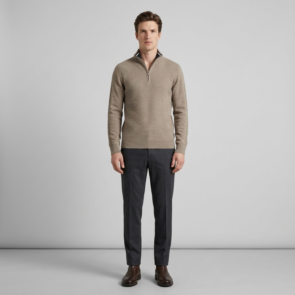 Man wearing a taupe ribbed quarter zip jumper with charcoal trousers, front view