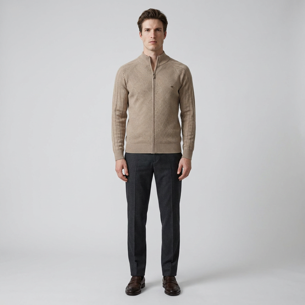 Man wearing a taupe knit zip up cardigan with charcoal trousers, front view