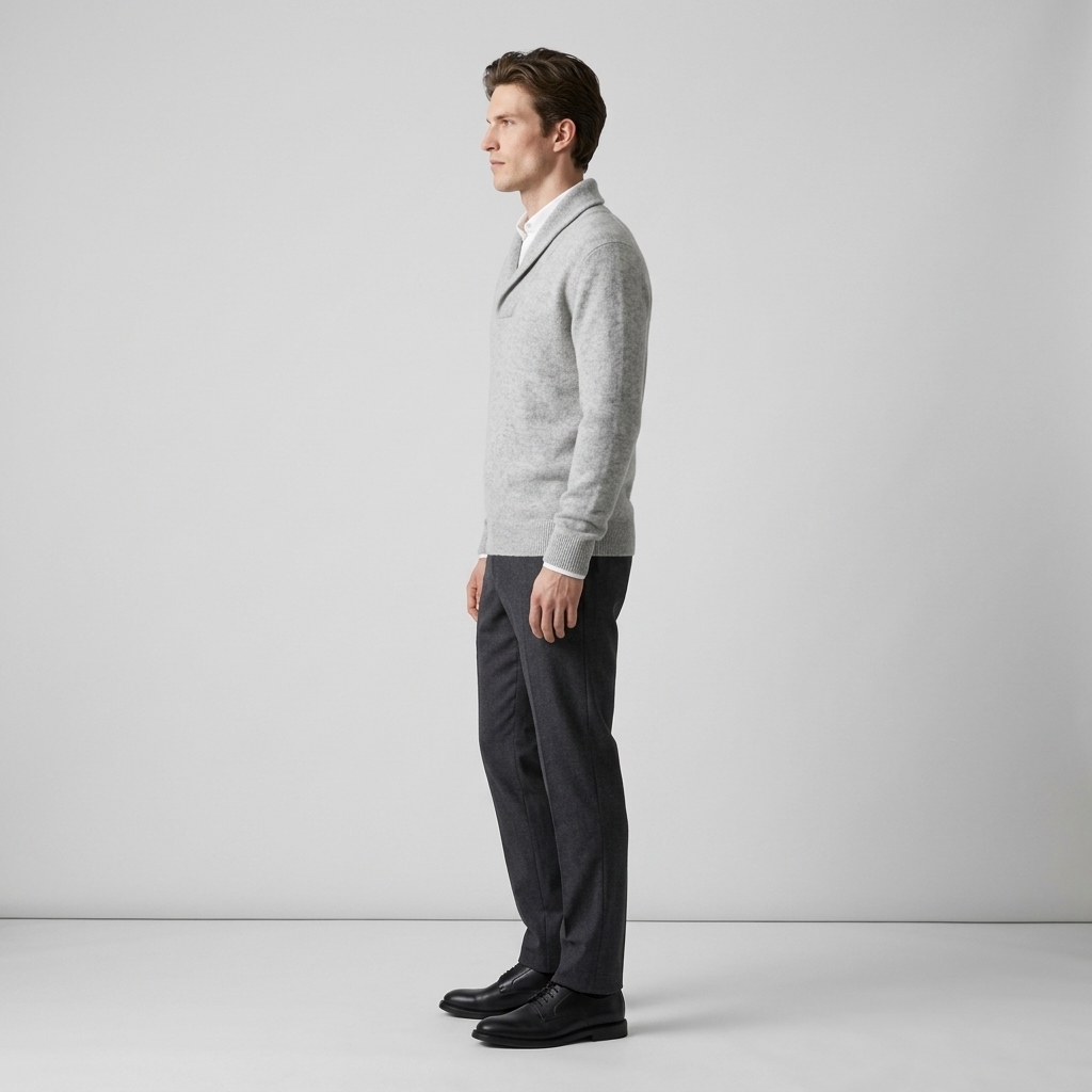 Man wearing a light grey shawl collar cashmere jumper, side view
