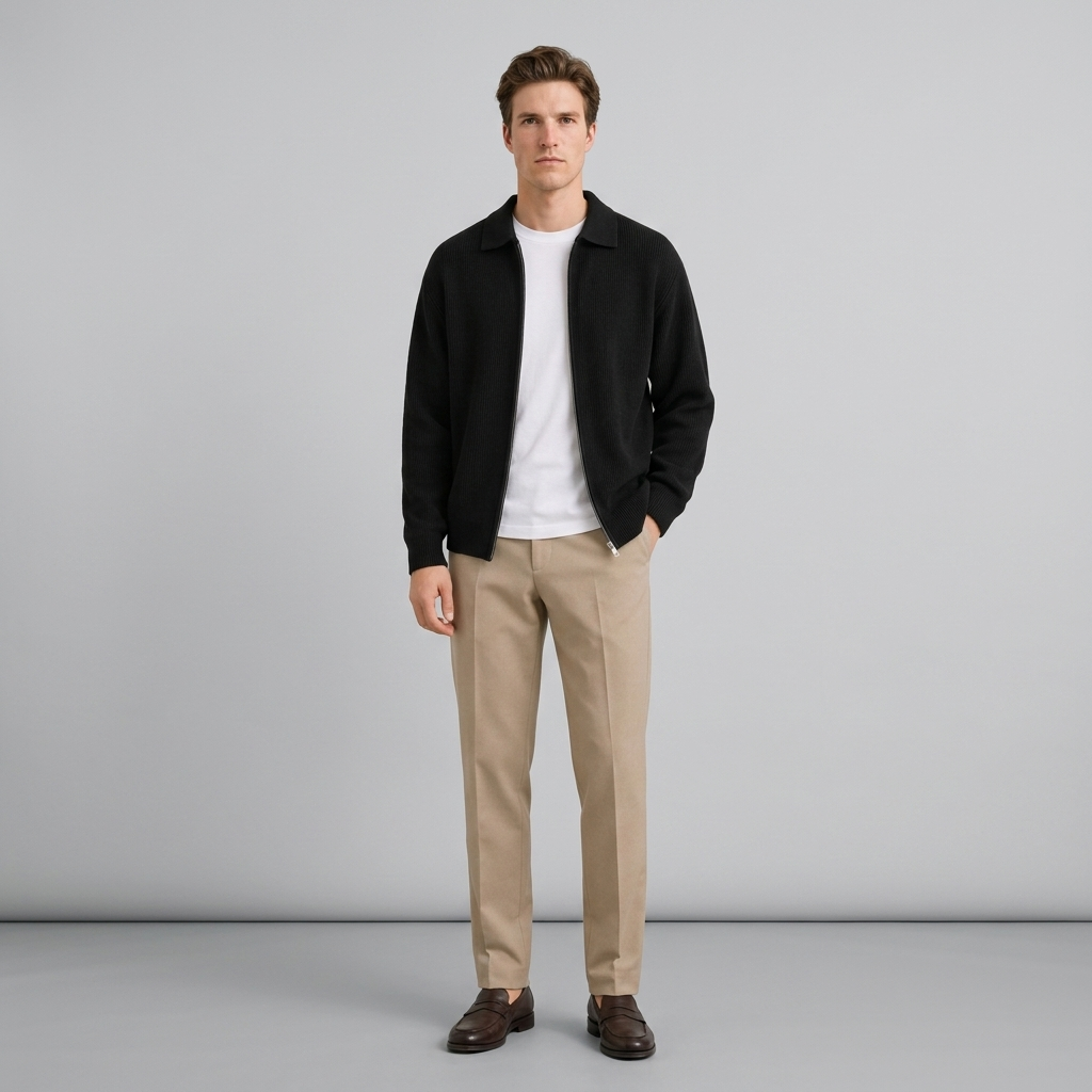Man wearing a black ribbed knit zip through cardigan over a white tee, front view