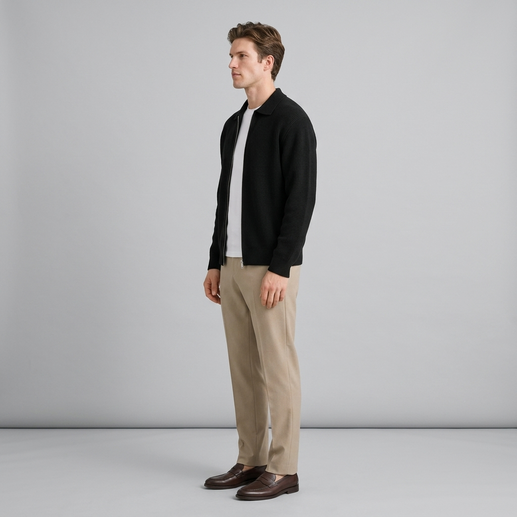Man wearing a black ribbed knit zip through cardigan, side view