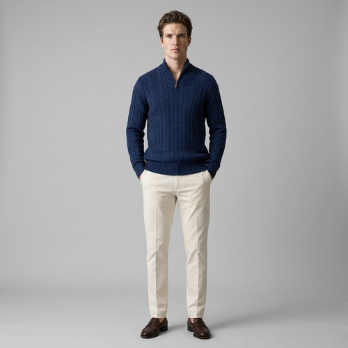 Man wearing a navy cable knit half zip jumper with cream trousers, front view