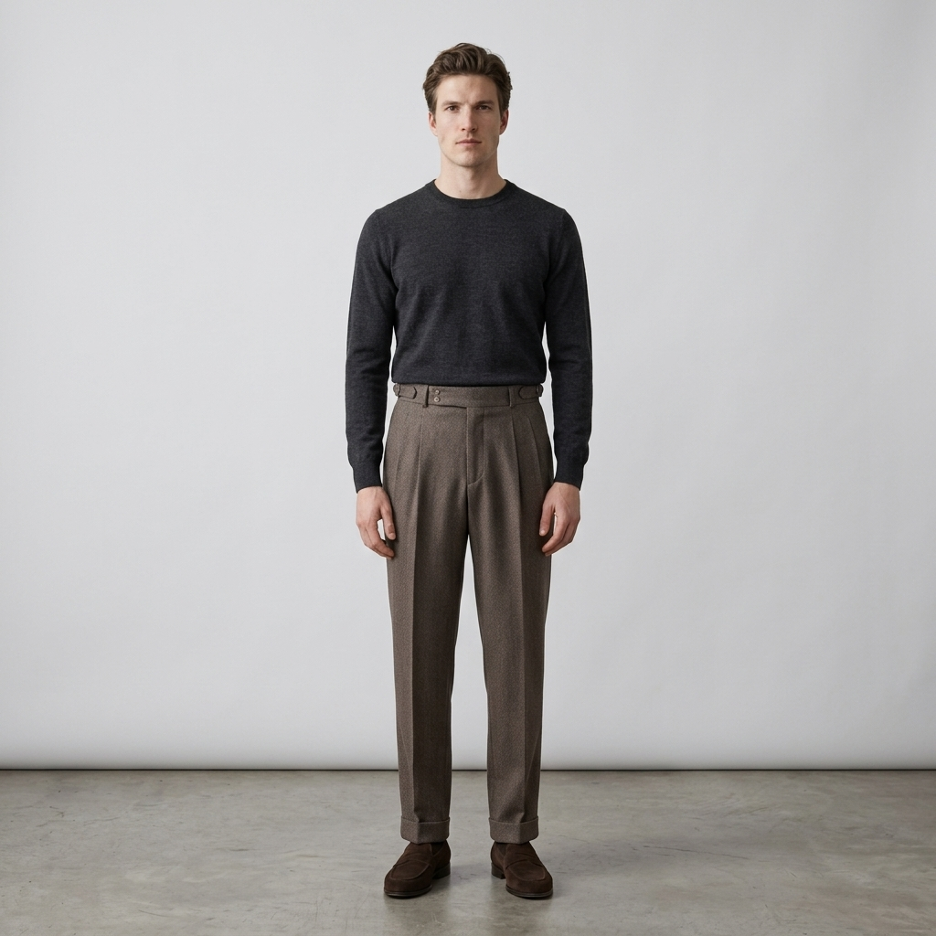 Model wearing dark taupe worsted wool trousers, full length front view