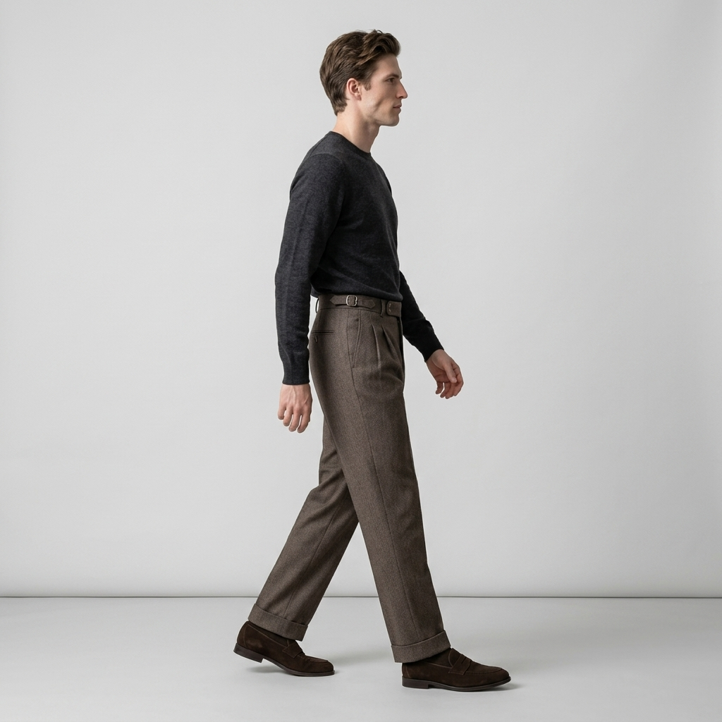 Side view of dark taupe worsted wool trousers with pleated front and turn-ups