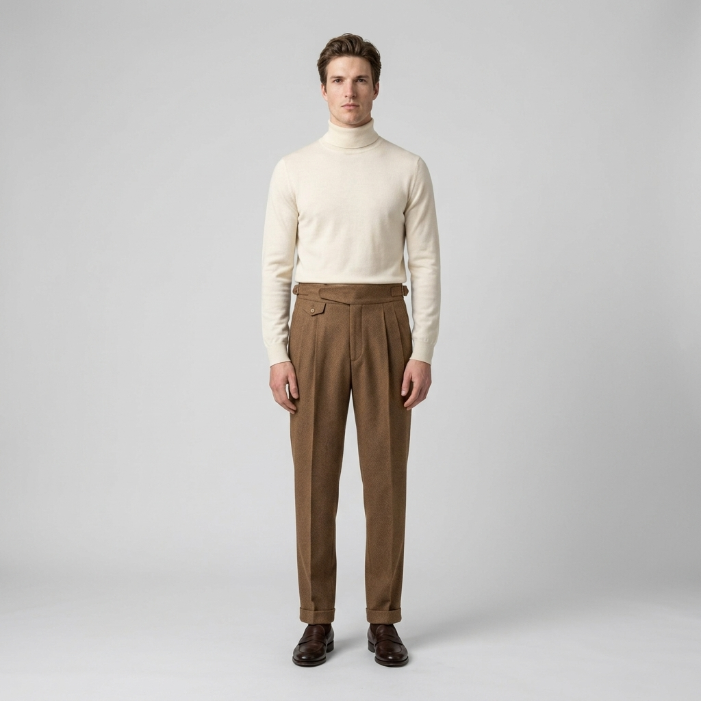 Model wearing brown wool gurkha trousers with buckled side tabs, full length front view