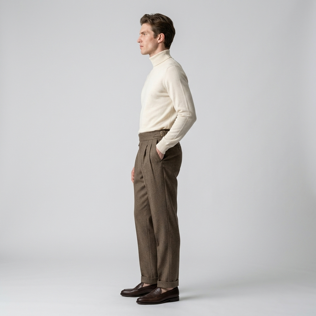 Side view of brown wool gurkha trousers showing the pleated high waist and turn-up cuffs