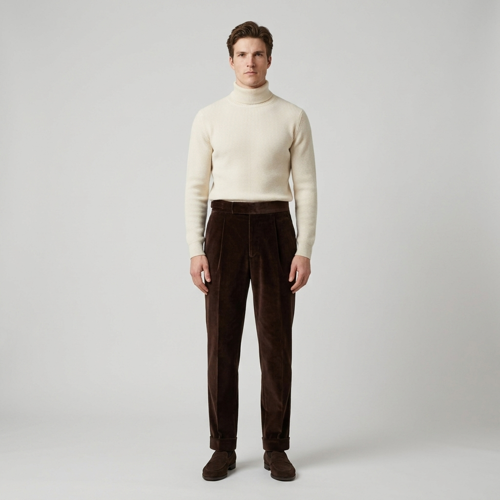 Model wearing dark brown velvet trousers, full length front view