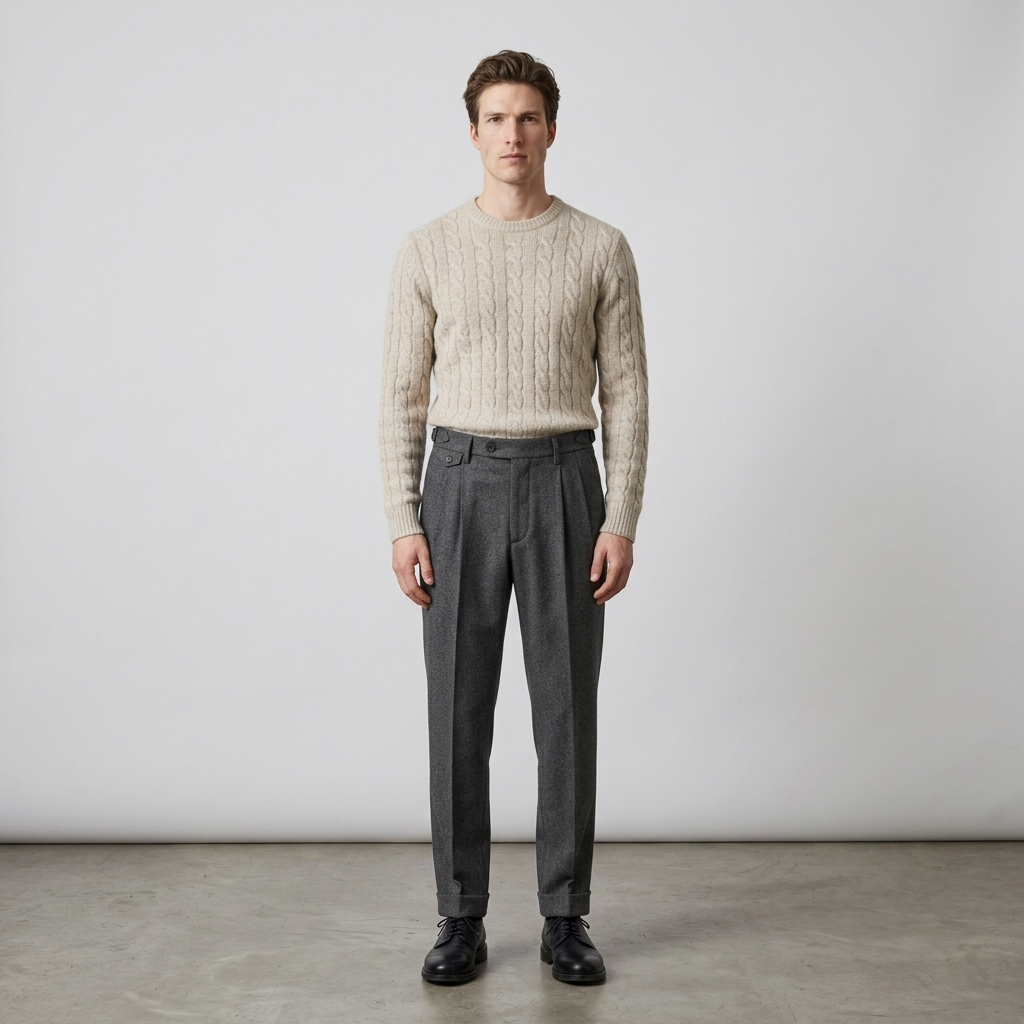 Model wearing charcoal grey pleated tweed trousers, full length front view