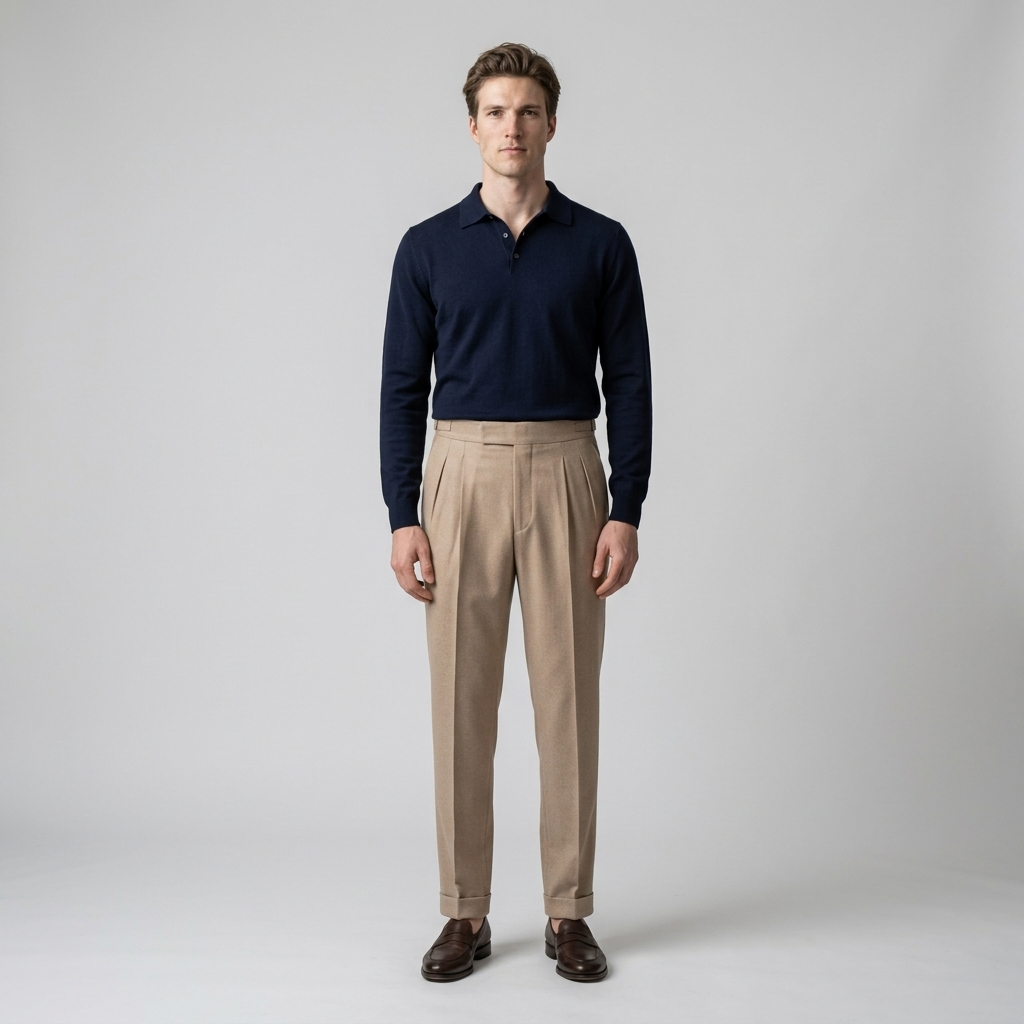 Model wearing sand beige wool suit trousers, full length front view