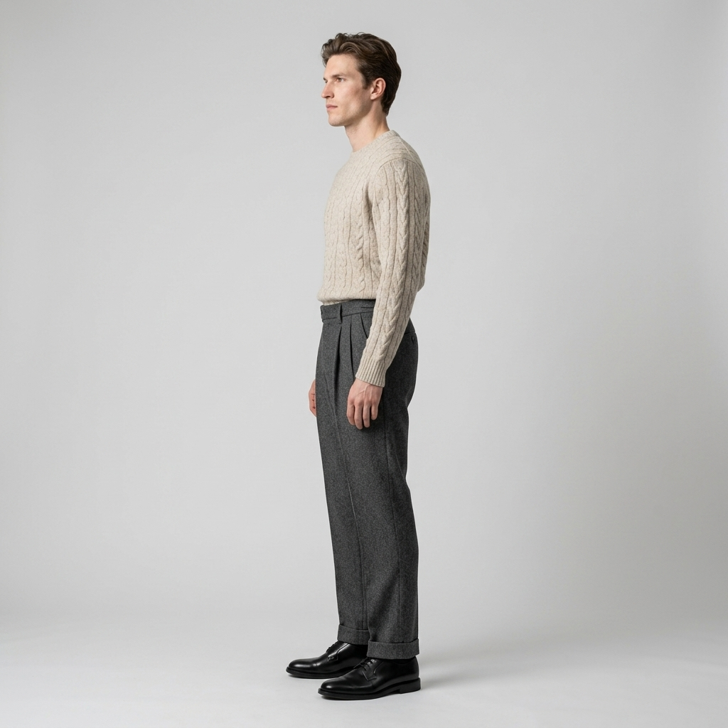 Side view of charcoal grey pleated tweed trousers showing the tapered leg